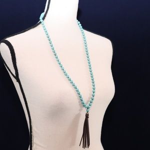 Turquoise Beaded Long Necklace with Leather Tassel